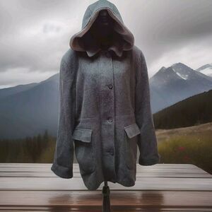 London Fog Women's‎ 100% Wool Grey Coat Hood Sz XL Square Pockets Lined Full Zip
